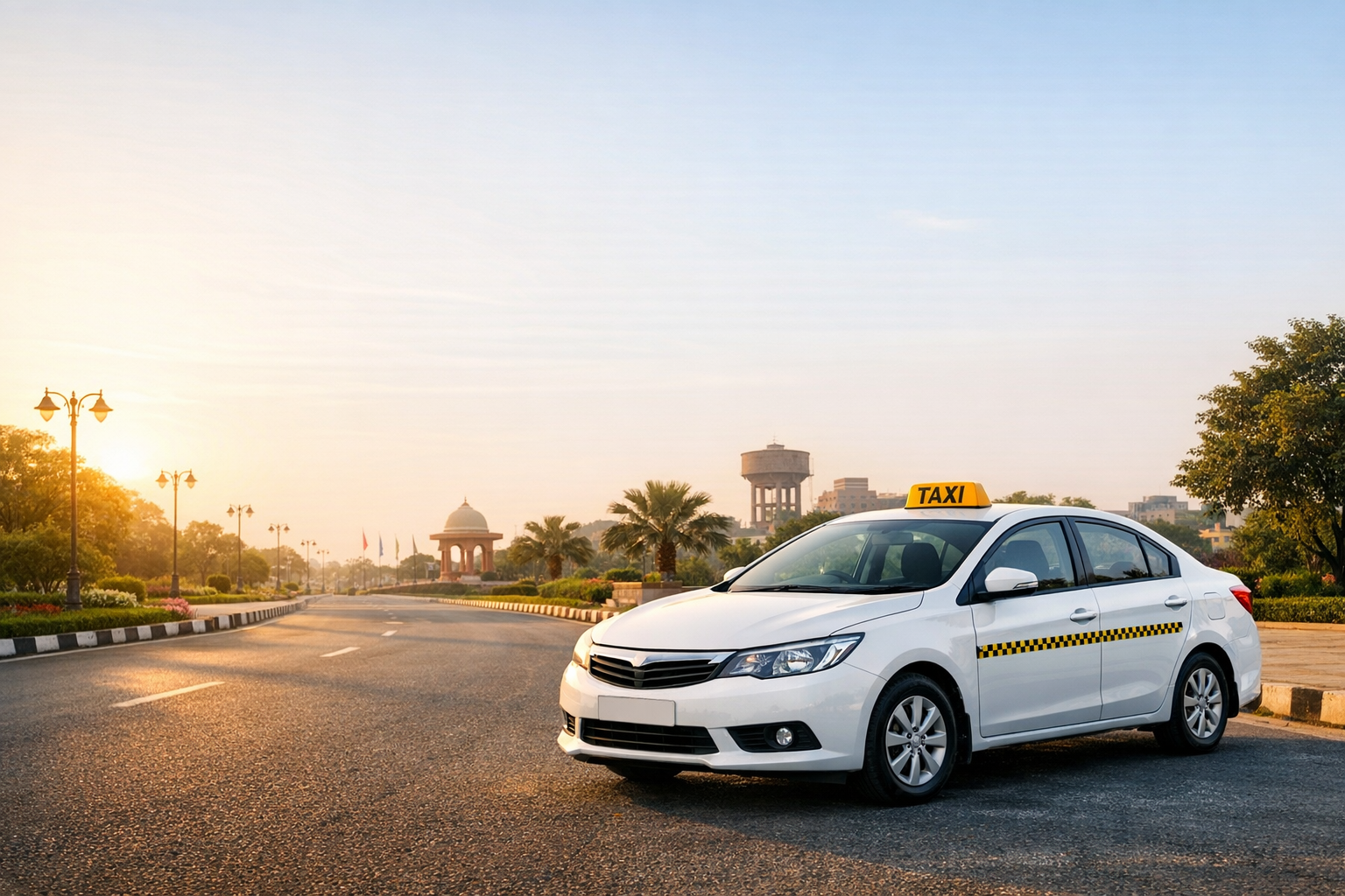 Local taxi sedan on a clean city road in Panchkula or Chandigarh